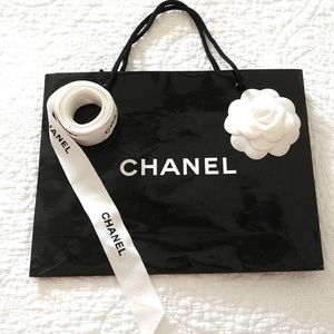 AUTHENTIC CHANEL PAPER BAG, RIBBON AND SIGNATURE CAMELLIA FLOWER